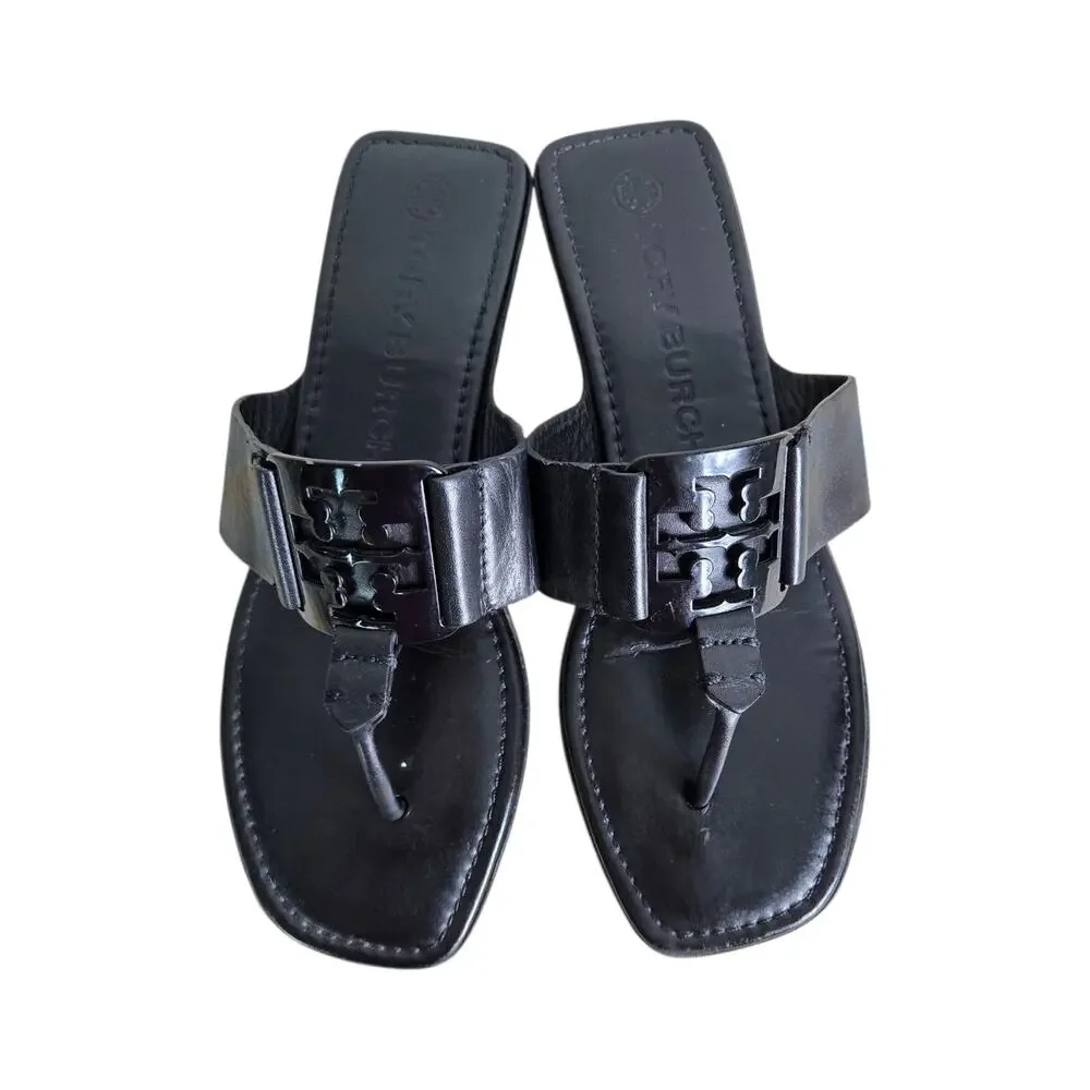 Tory Burch Georgia Sandal Black Thong Square Toe Flats Double T Logo Medallion 9